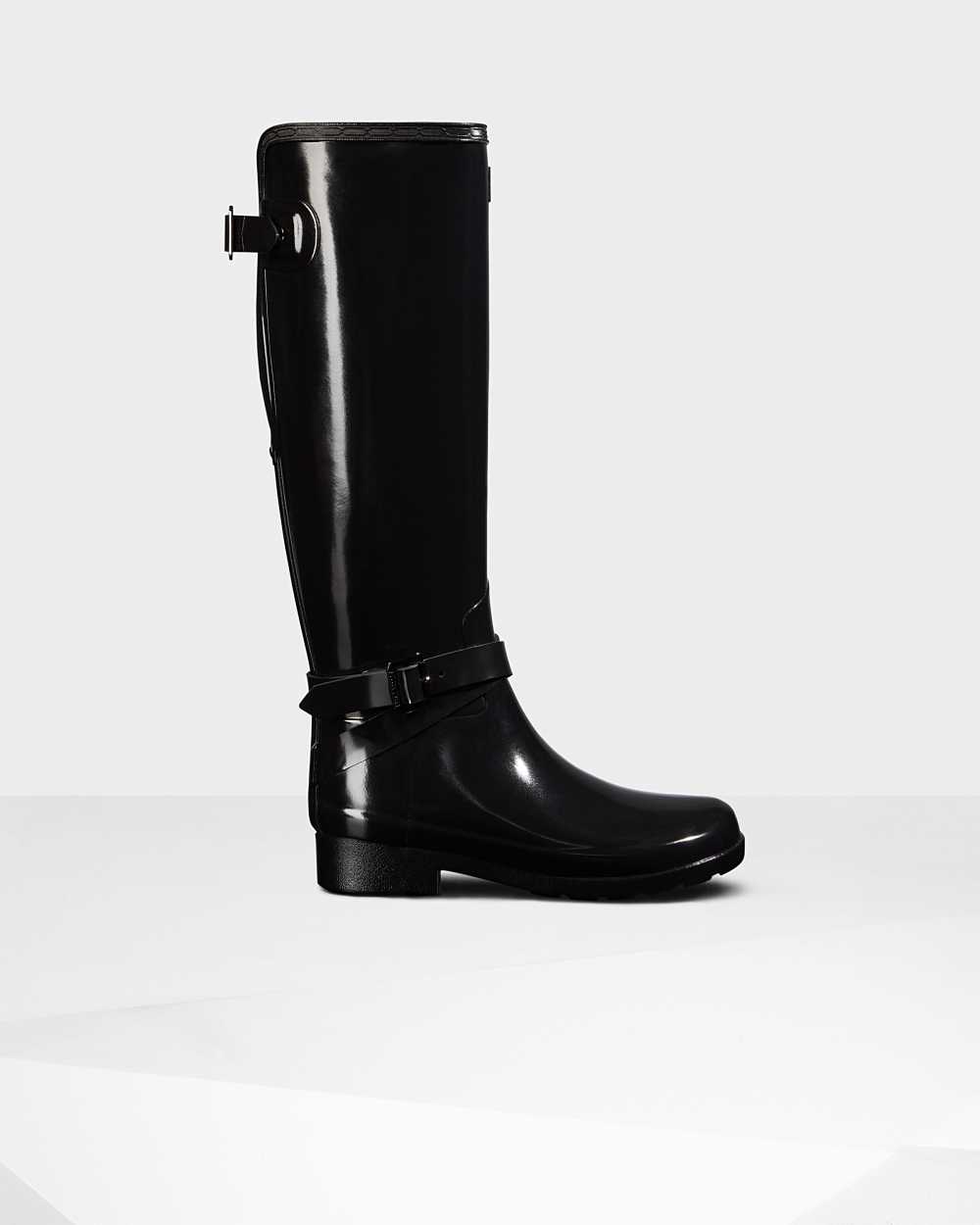 Botas De Agua Mujer - Hunter Refined Adjustable Tall Gloss Negras - HSIPWL-103 - Negras